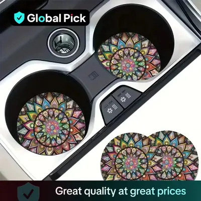 Mandala Flower Pattern Car Coaster, Round Anti-slip Car Cup Holder Coaster, Universal Car Interior Decoration Accessories for...