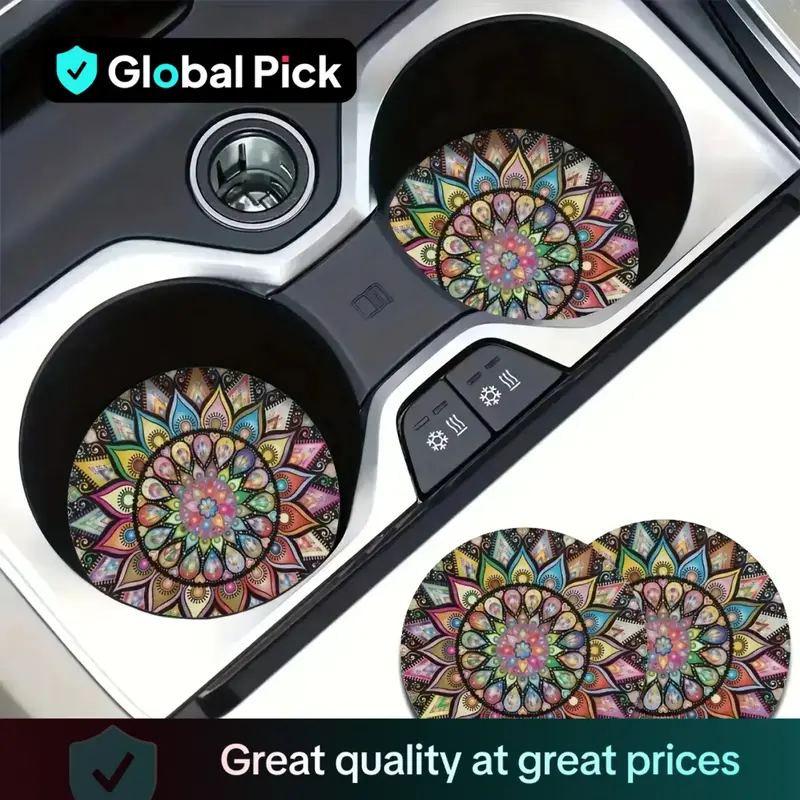Mandala Flower Pattern Car Coaster, Round Anti-slip Car Cup Holder Coaster, Universal Car Interior Decoration Accessories for...