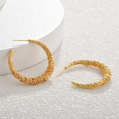 Textured C-Shaped Brass Hoop Earrings for Women