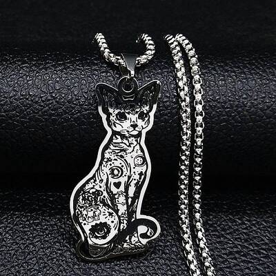 304 Stainless Steel Enamel Sphynx Cat Pendant Necklaces
