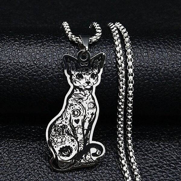 304 Stainless Steel Enamel Sphynx Cat Pendant Necklaces