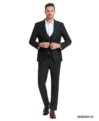 Check    Tazio Men's Skinny Fit 3-Piece Windowpane Check Suit - Sharp & Stylish