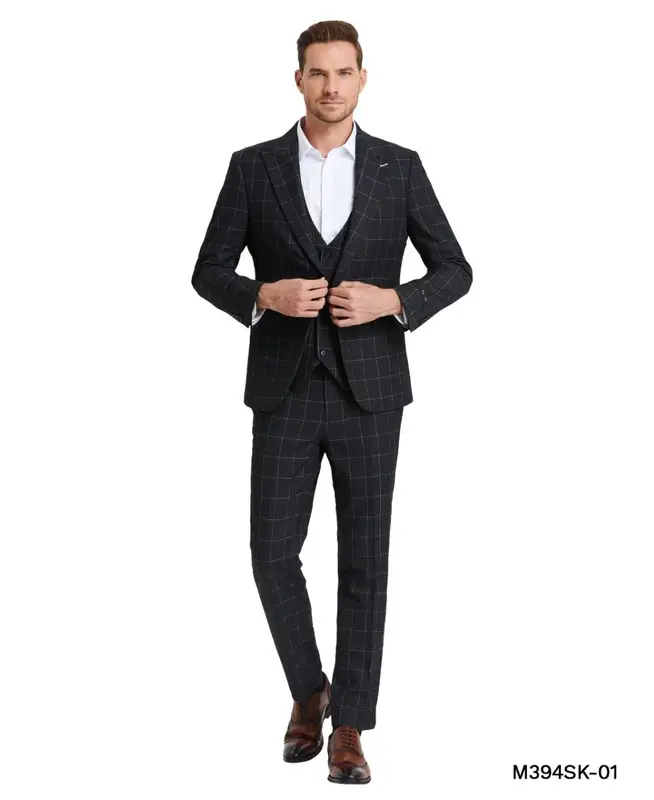 Check    Tazio Men's Skinny Fit 3-Piece Windowpane Check Suit - Sharp & Stylish