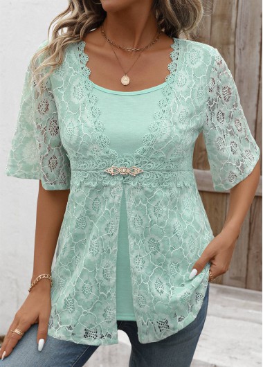 Modlily Mint Green Lace Half Sleeve Fake Two Piece Twinset - L