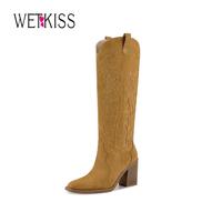 Wetkiss Cowgirl Boots Women Knee High Boots, Embroidered with Chunky Heel Comfort Tall Western shoes for Women