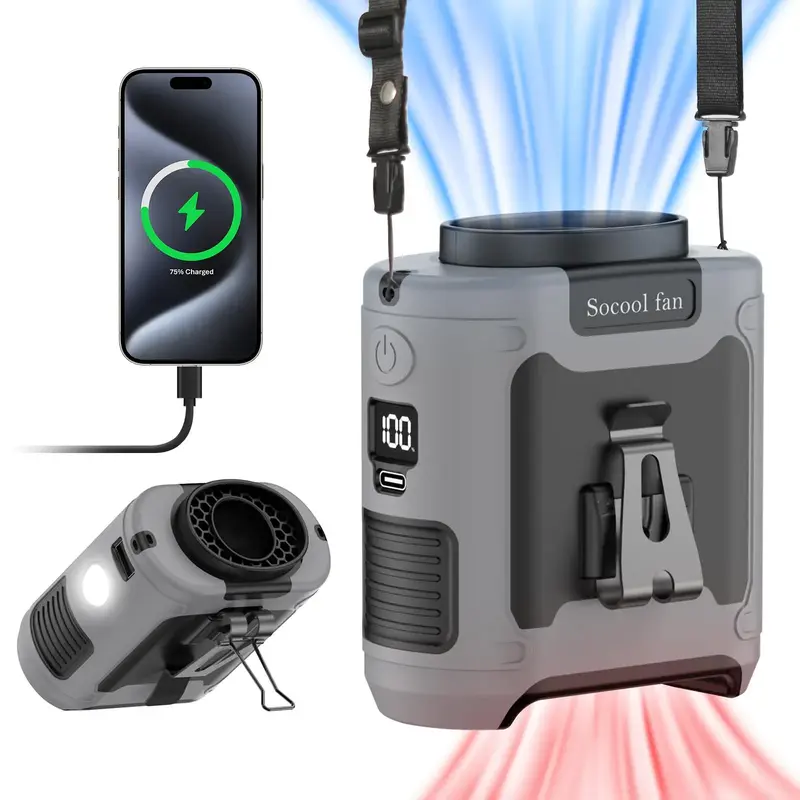 SOCOOL FAN 10000mAh Power Bank Portable Waist Fan, 1 Count Rechargeable Clip-on Wearable Belt Personal Fan with 5 Speeds & F...