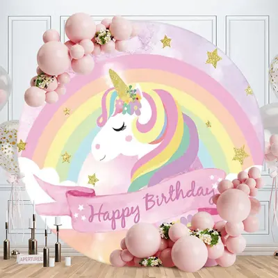 Aperturee Cute Pink Unicorn Circle Happy Birthday Backdrop For Party | Round Backdrop Cover Diy | Custom Round Backdrop | Rou...