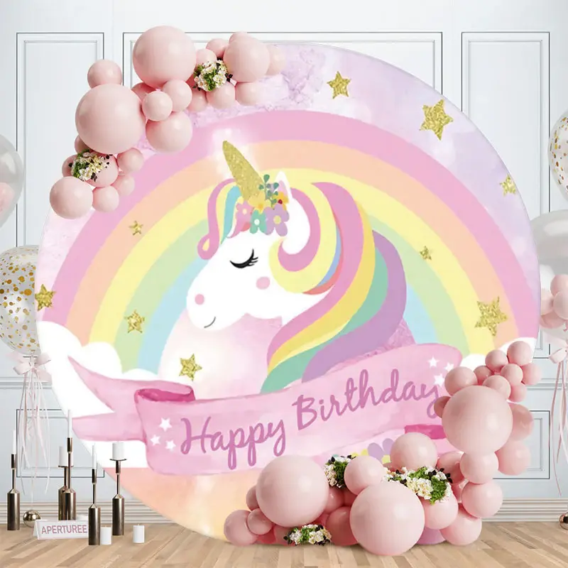 Aperturee Cute Pink Unicorn Circle Happy Birthday Backdrop For Party | Round Backdrop Cover Diy | Custom Round Backdrop | Rou...