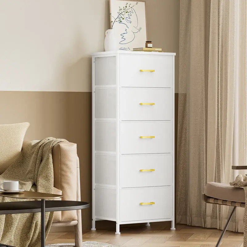 Tall Storage Drawer Dresser for Bedroom, 5-Drawer Chest with Metal Handles, Leather Front, Wood Top, Ideal for Closet, Living...