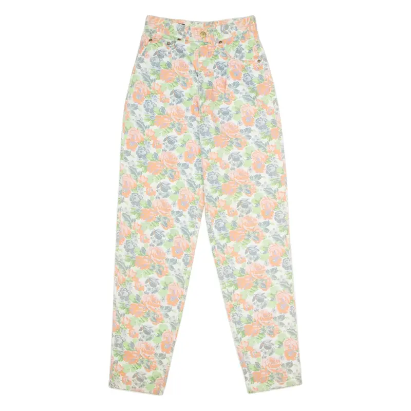 FASHION UP Floral High Waisted Womens Twill Trousers White Tapered W26 L30