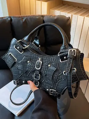 Summer Punk Goth Style Solid Color Rivet Decor Baguette Grunge Bag, New Fashion PU Underarm Bag & Handbag, All-match Commuter...