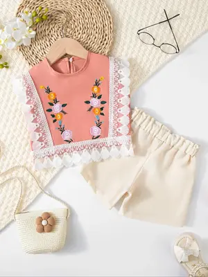 Toddler Girl's Floral Embroidery Tank Top & Shorts Two-Piece Set, Casual Sleeveless Top & Shorts for Summer, Kids Clothes for...