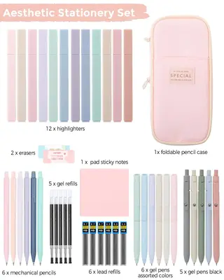 44 PCS Aesthetic School Supplies set, Bible Study Supplies Pencil Case, 12 Highlighters, 5 Black Gel Pens, 6 Color Gel Pens &...