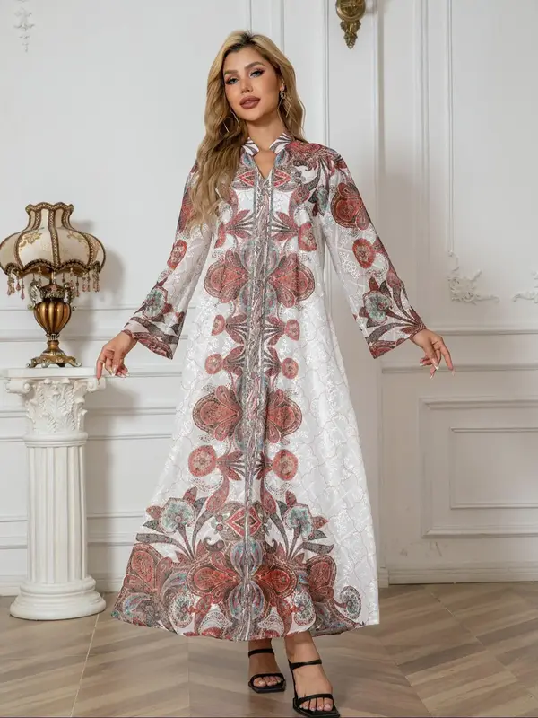 Women's Floral Print Long Sleeve Dress, Elegant Fashion Casual Dress for Daily Outdoor Wear, Women Dress for All Seasons