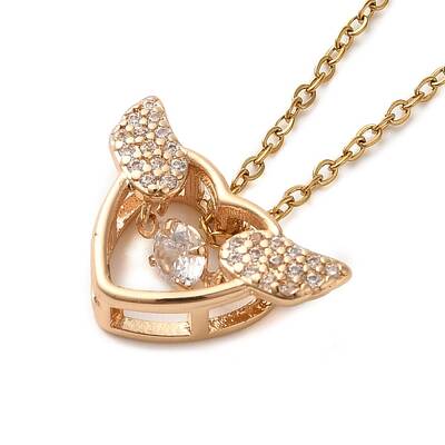 Brass Pave Clear Cubic Zirconia Heart Wing Pendant Necklaces