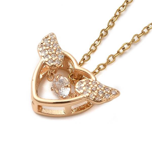 Brass Pave Clear Cubic Zirconia Heart Wing Pendant Necklaces