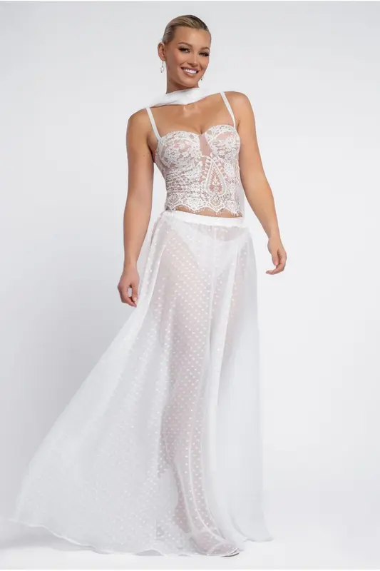 Goddiva Embroidered Lace Corset Polka Dobby Chiffon A-Line Maxi Skirt With Scarf & Gloves - Cream