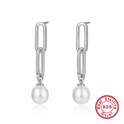 Anti-Tarnish Rhodium Plated 925 Sterling Silver Oval Dangle Stud Earrings