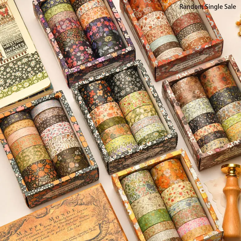 Random Color Washi Tape, 12 Rolls Flower Pattern DIY Retro Washi Tape, DIY Decorative Material for Scrapbooking Collage Journ...