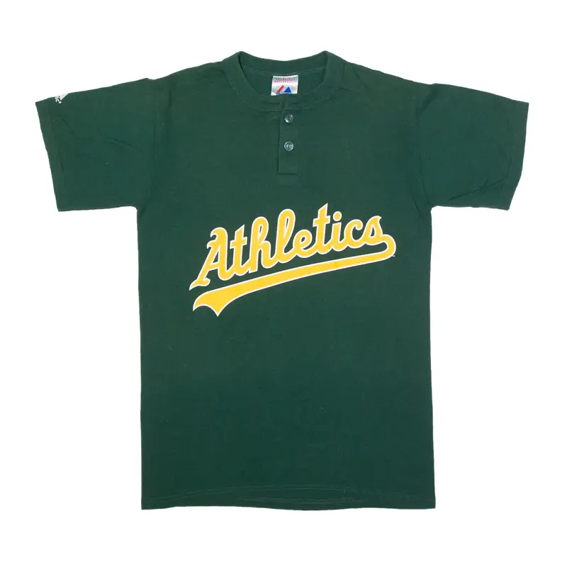 MAJESTIC Button Up Athletics T-Shirt Green Short Sleeve Mens S