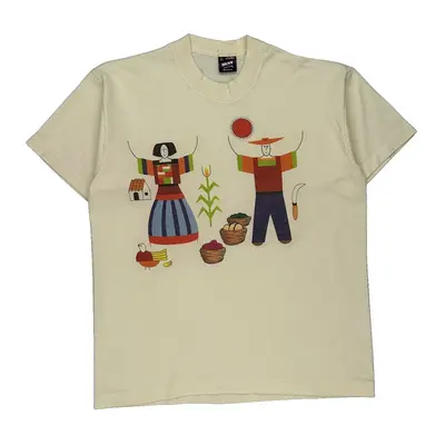 Single Stitch Fruit Of The Loom Graphic T-Shirt - Large Cream Cotton Blend