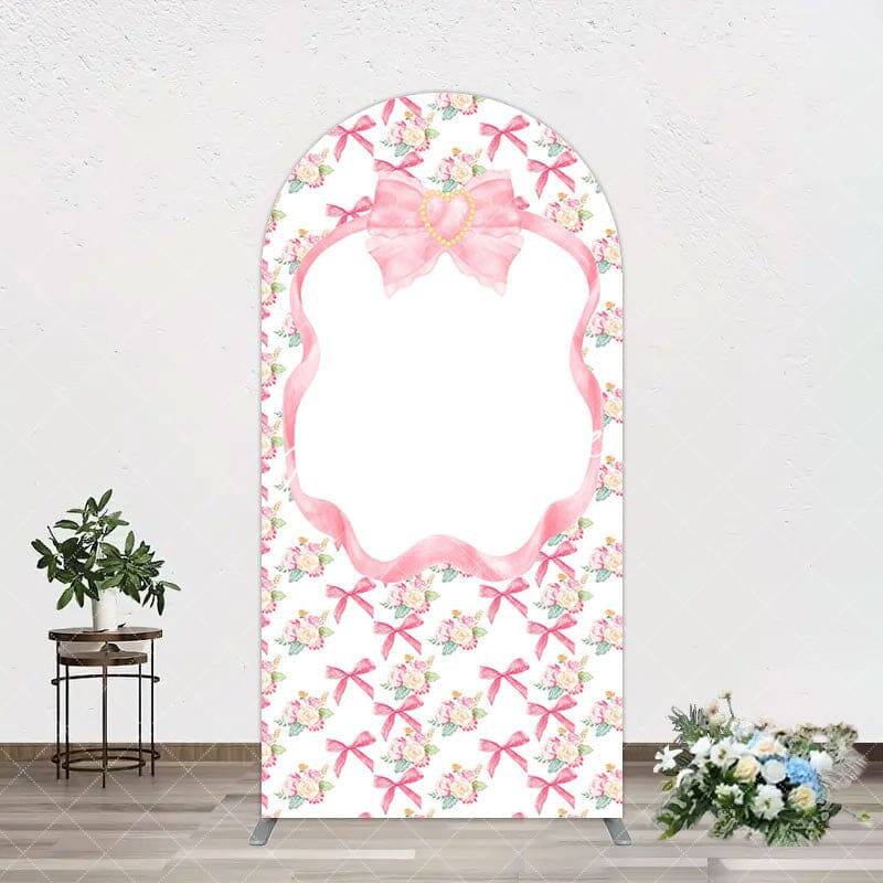 Aperturee Fairy Pink Bow Tie Floral Birthday Arch Backdrop, 1.6X4FT(0.5X1.2M), 38.18 USD, arch backdrop kit, YMGD9M85-A