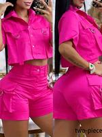 Two-piece Set Women's Solid Button Front Crop Top & Shorts Set, Casual Short Sleeve Collared Top & Shorts for Summer, Ladies ...