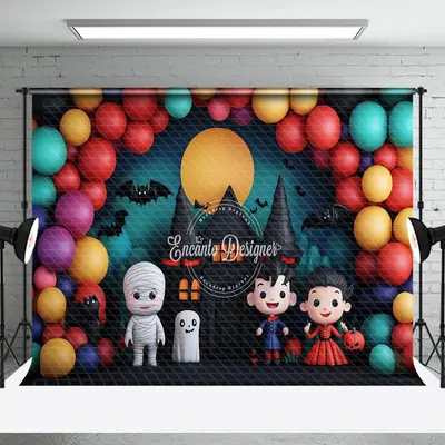 Aperturee Arch Balloons Castle Moon Ghost Halloween Backdrop - Aperturee