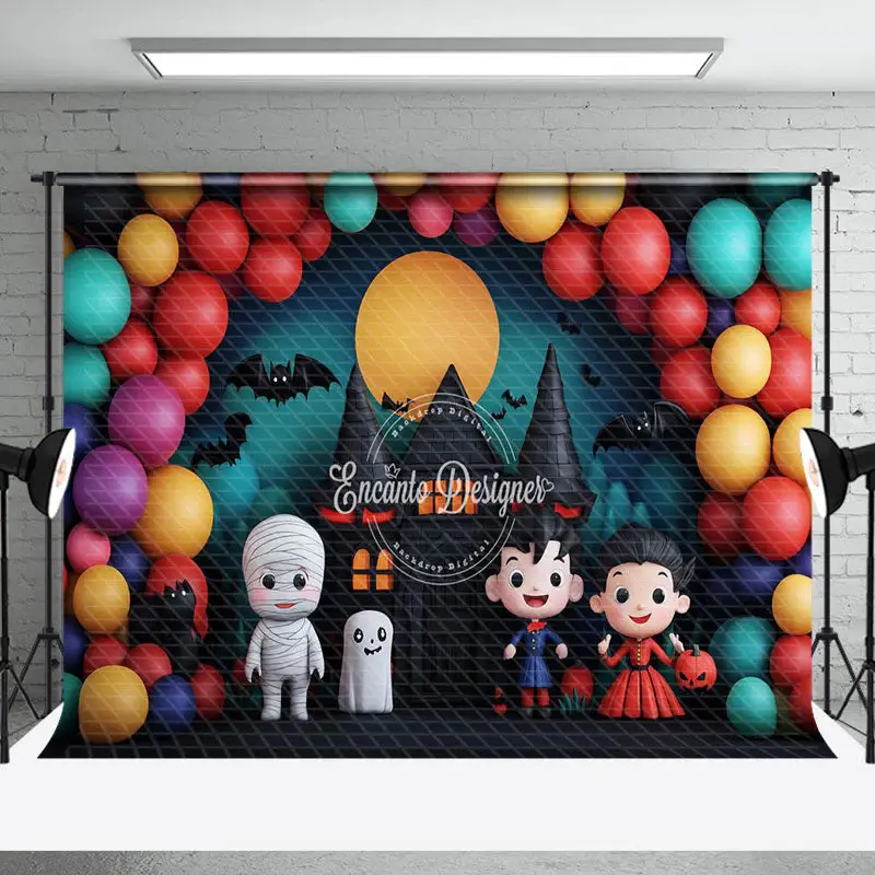 Aperturee Arch Balloons Castle Moon Ghost Halloween Backdrop - Aperturee