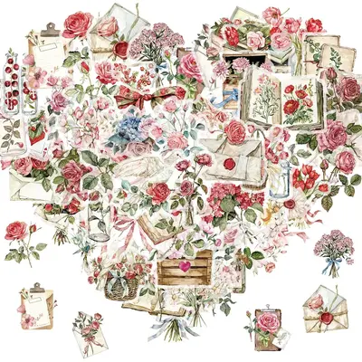 Flower & Letter Pattern Sticker, 50pcs/set Waterproof Self Adhesive Decor Paper, Decor Sticker for Gift Greeting Card & Water...