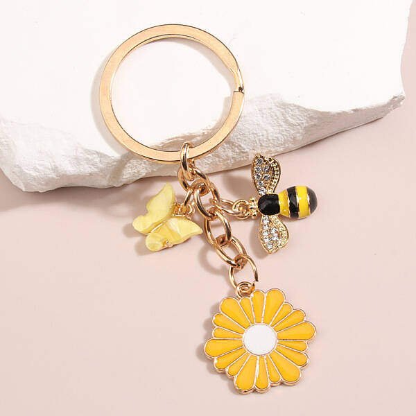 Resin & Alloy Enamel Butterfly/Flower/Bee Pendant Keychain
