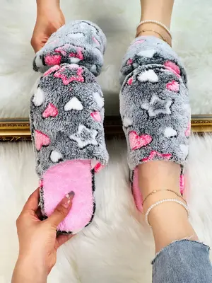 Women's Cute Cartoon Star & Heart Pattern Bedroom Slippers, Minimalist and Comfortable Indoor Bedroom Non-slip Slippers, Fluf...