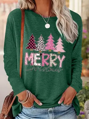 Women's Tree & Letter Print Drop Shoulder Tee, Casual Boho Breathable Long Sleeve Round Neck Tops for Daily Wear, Ladies Fall...