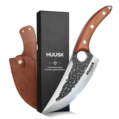 Huusk Upgraded Viking Knives with Sheath Hand Forged Butcher for Meat Cutting Cooking Sharp Cleaver Chef and Outdoor Camping,...