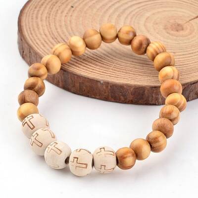 Cross Wood Beaded Stretch Bracelets