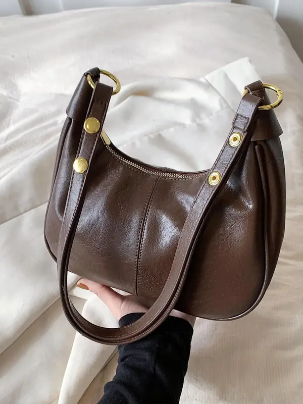 New Women's Simple Solid Color Zipper Shoulder Bag, Fashionable Versatile Underarm Bag, All-match Hobo Dumpling Bag for Daily...