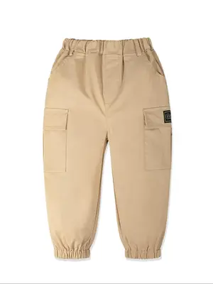 Toddler Boy's Solid Color Patched Flap Pocket Pants, Casual Comfy Trousers for Daily Wear, Kids Bottoms for All Seasons