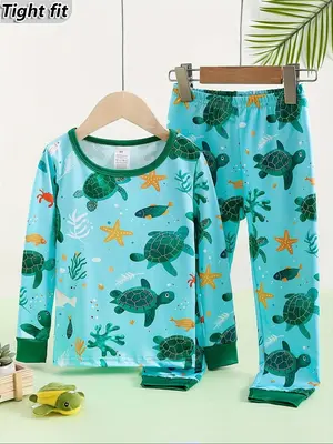 Two-Piece Set Toddler Boy's Turtle Print Long Sleeve Tee & Pants Set, Cute Casual Round Neck Top & Trousers for Spring & Fall...