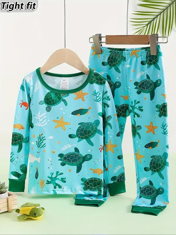 Two-Piece Set Toddler Boy's Turtle Print Long Sleeve Tee & Pants Set, Cute Casual Round Neck Top & Trousers for Spring & Fall...