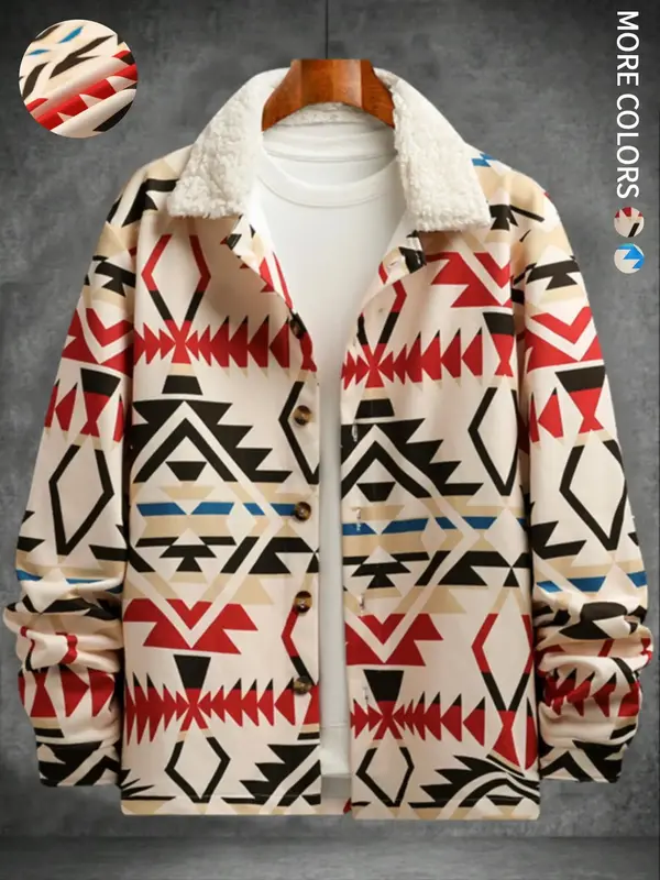Men's Ethnic Pattern Button Front Jacket, Casual Long Sleeve Fuzzy Trim Collared Outerwear for Fall & Winter, Men's Clothes f...