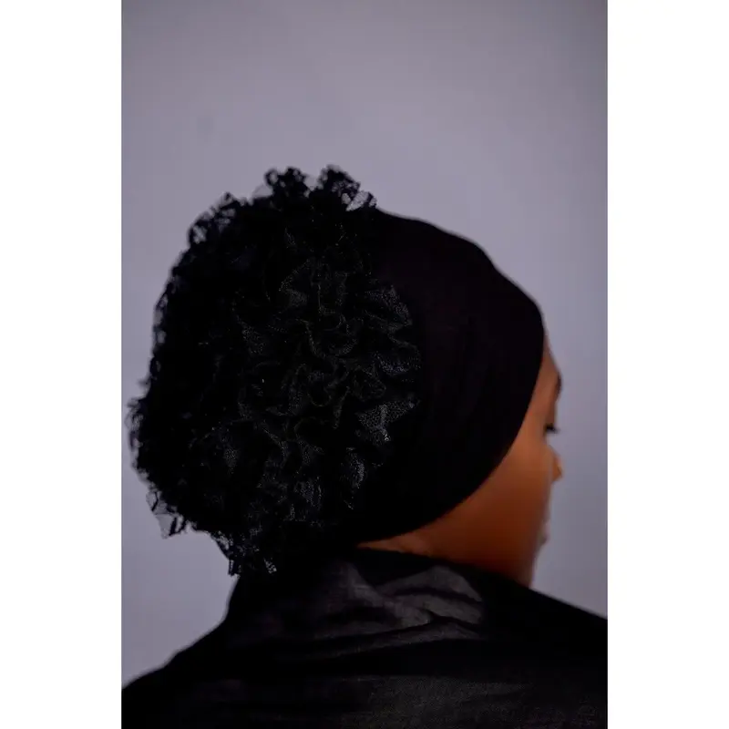 Non-Slip Cotton Hijab under Cap with Built-In Lace Volumizing Scrunchie - Classic Black