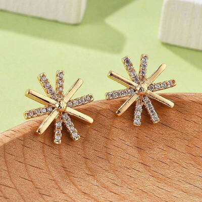 Flower Brass Micro Pave Clear Cubic Zirconia Stud Earrings for Women