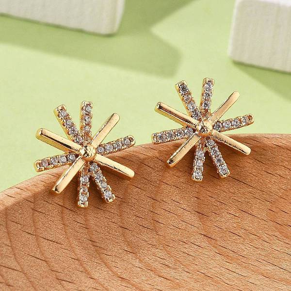 Flower Brass Micro Pave Clear Cubic Zirconia Stud Earrings for Women