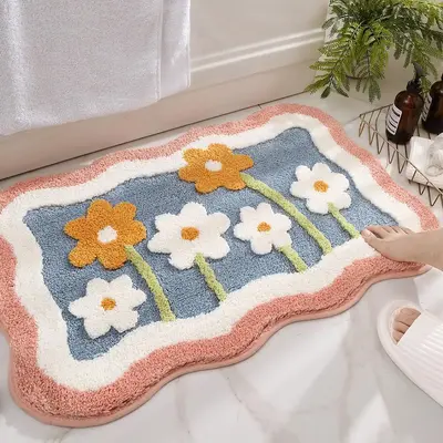 Floral Pattern Bath Mat, 1 Count Non-slip Soft Absorbent Bathroom Rug, Comfortable Bathroom Floor Mat, Indoor Rug For Home De...