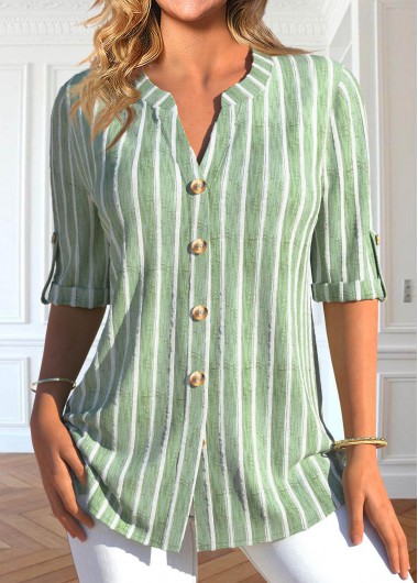 Modlily Light Green Button Striped Half Sleeve Blouse - L