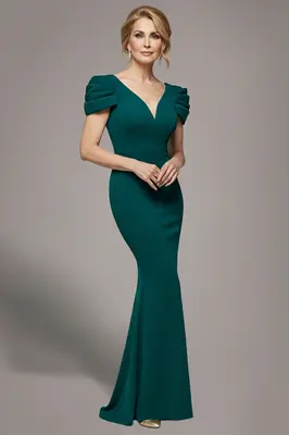Goddiva Plunging Neck Pleated Sleeves Scuba Maxi Dress - Emerald Green