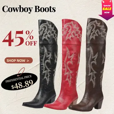 Women's Classic Western Knee-High Boots With Flame Embroidery, PU, Thick Heel, Casual Style, Season-Long Wear