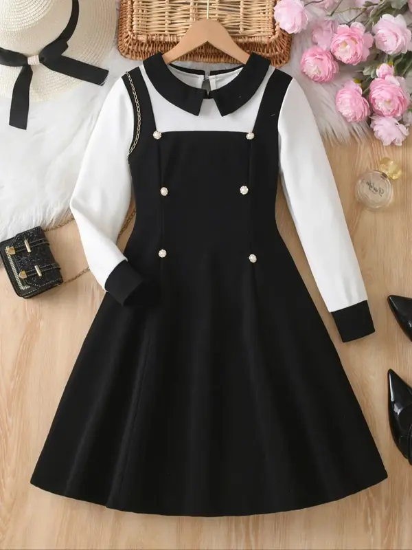 Elegant Girls' Patchwork Long Sleeve High Waist A-Line Midi Dress, Fashionable Autumn Party & Casual Clothes with Decorative ...