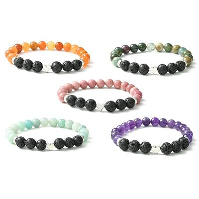 Natural Mixed Stone & Lava Rock & Alloy Heart Beaded Stretch Bracelet