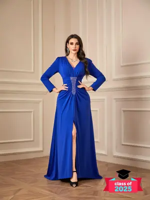 Women's Plain Rhinestone Decor Sheer Split Thigh Chiffon Dress, Elegant V Neck Long Sleeve Party Evening Gown, Ladies Spring ...